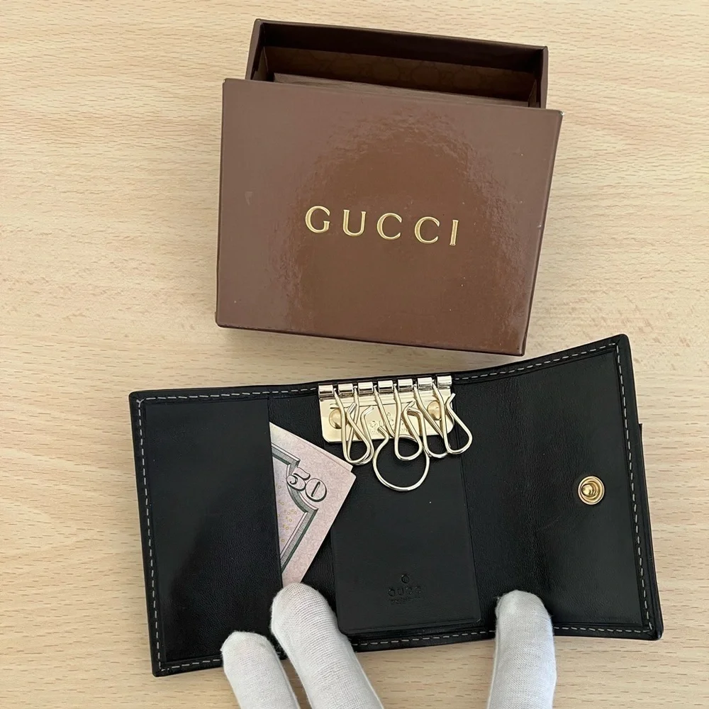 Vintage Gucci GG Black Leather Key Holder Box Controllato BNWOT
